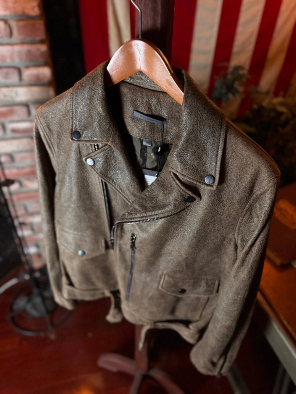 $2498 JOHN VARVATOS Dark Brown Belted Waxed Biker (sz. 46)
